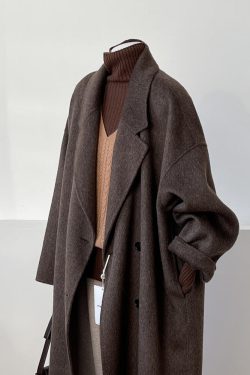 Reversible Coffee-Colored Cashmere Coat for Women - Mid-Length Korean Style Woolen Coat for Autumn/Winter 2024