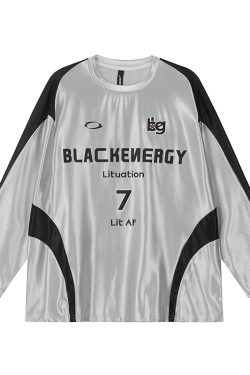 Reversible Vintage Satin Silver Sports Jersey Long Sleeve T-Shirt for Couples - Unisex Trendy 90s Style