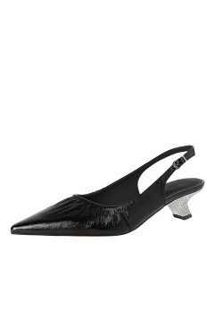 Rhinestone Chunky Heel 5CM Pointed Toe Pleated High-Heeled Sandals in Genuine Leather - Elegant Closed-Toe Design