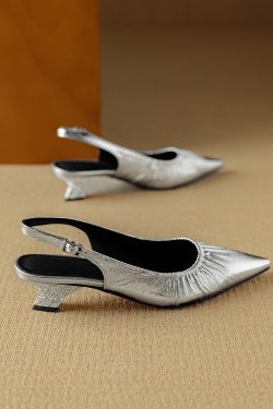 Rhinestone Chunky Heel 5CM Pointed Toe Pleated High-Heeled Sandals in Genuine Leather - Elegant Closed-Toe Design