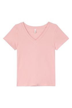 Ribbed V-Neck Fitted Short Sleeve Women's T-Shirt - Slim Solid Color Top for Summer 2025, Casual Chic Style