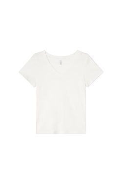 Ribbed V-Neck Fitted Short Sleeve Women's T-Shirt - Slim Solid Color Top for Summer 2025, Casual Chic Style