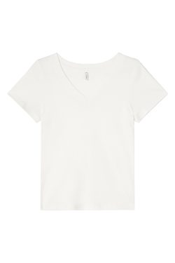 Ribbed V-Neck Fitted Short Sleeve Women's T-Shirt - Slim Solid Color Top for Summer 2025, Casual Chic Style