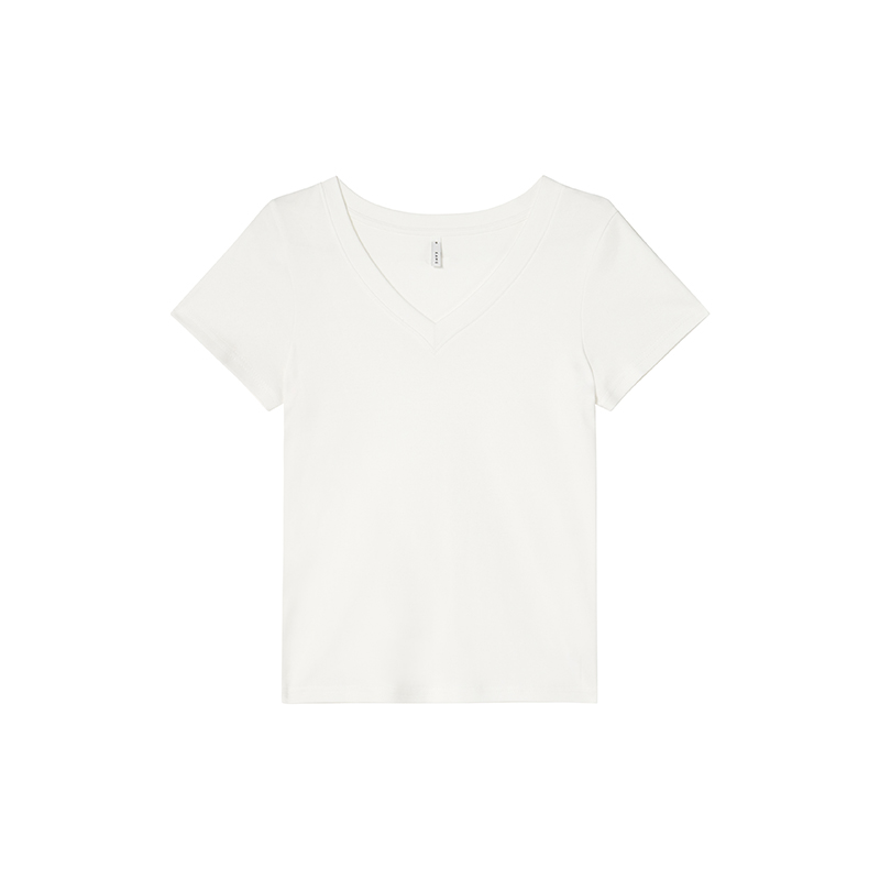 Ribbed V-Neck Fitted Short Sleeve Women's T-Shirt - Slim Solid Color Top for Summer 2025, Casual Chic Style Ribbed V-Neck Fitted Short Sleeve Women's T-Shirt - Slim Solid Color Top for Summer 2025, Casual Chic Style