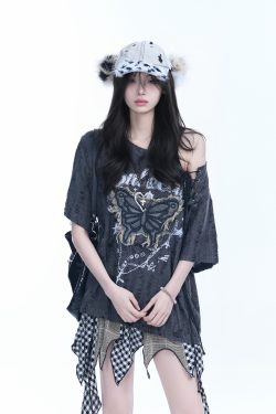 Ripped Butterfly Short Sleeve T-Shirt for Women - Off-Shoulder Spicy Girl Trendy Y2K American High Street Style