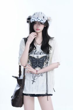 Ripped Butterfly Short Sleeve T-Shirt for Women - Off-Shoulder Spicy Girl Trendy Y2K American High Street Style