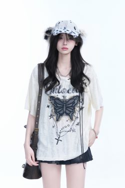 Ripped Butterfly Short Sleeve T-Shirt for Women - Off-Shoulder Spicy Girl Trendy Y2K American High Street Style