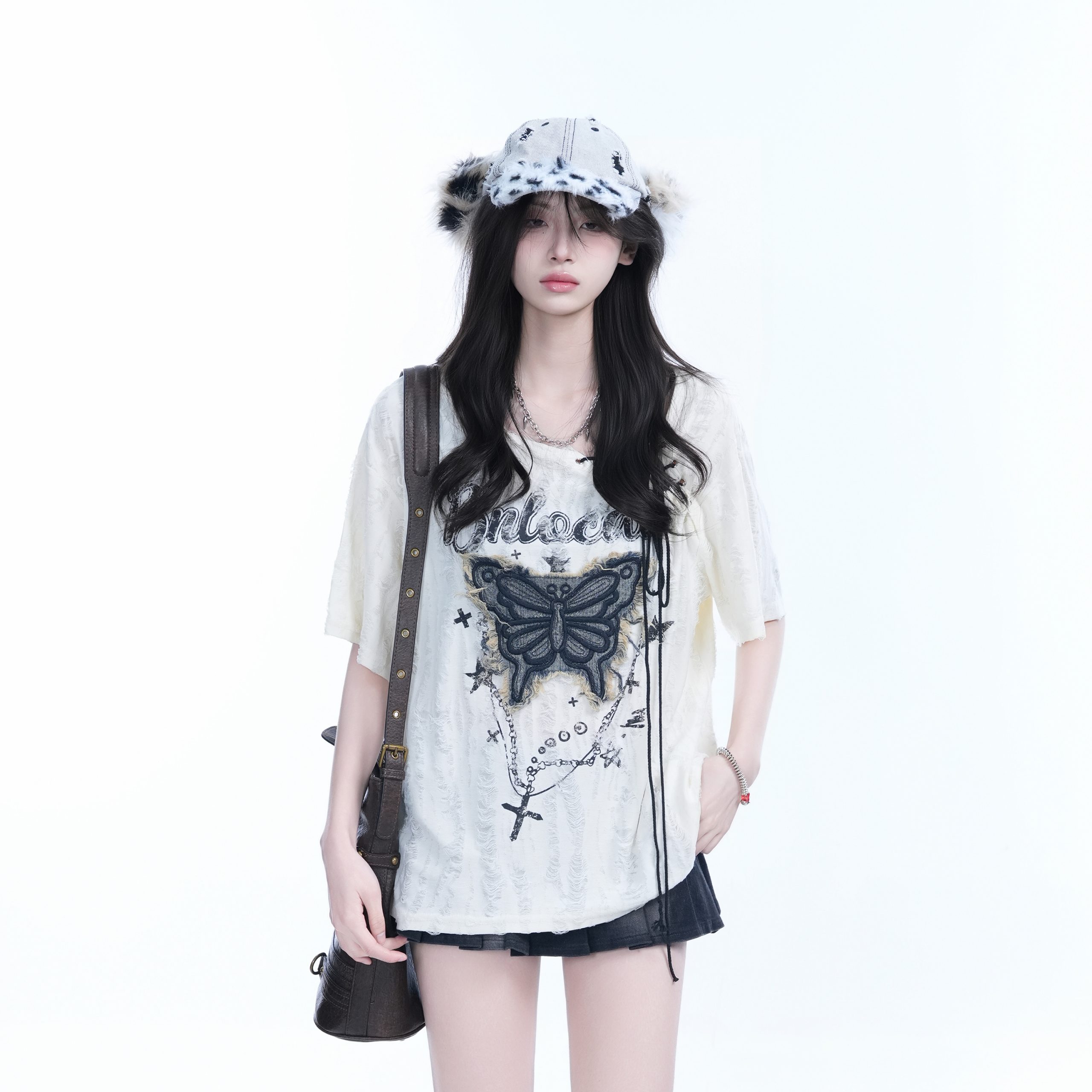 Ripped Butterfly Short Sleeve T-Shirt for Women - Off-Shoulder Spicy Girl Trendy Y2K American High Street Style Ripped Butterfly Short Sleeve T-Shirt for Women - Off-Shoulder Spicy Girl Trendy Y2K American High Street Style