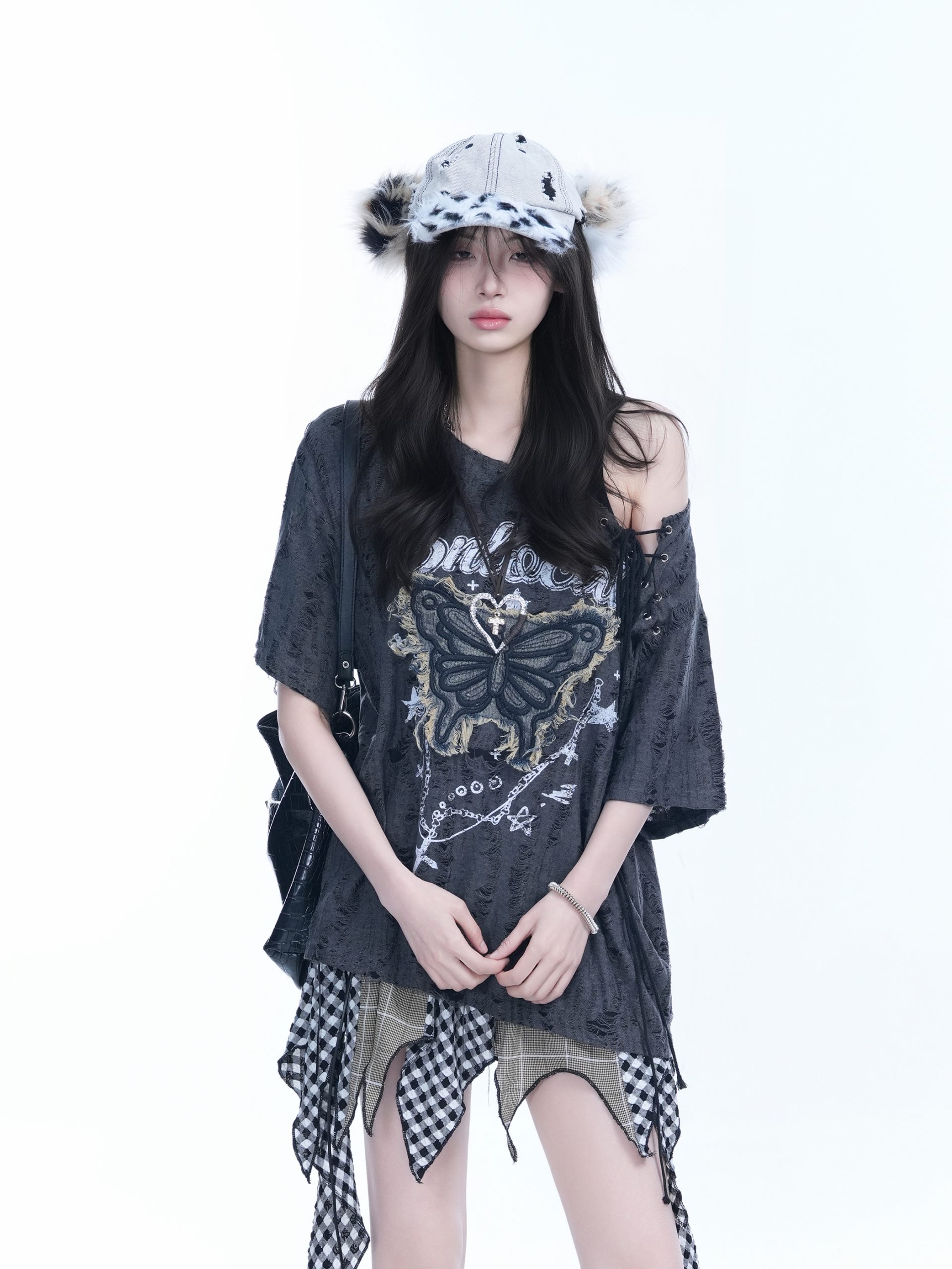 Ripped Butterfly Short Sleeve T-Shirt for Women - Off-Shoulder Spicy Girl Trendy Y2K American High Street Style Ripped Butterfly Short Sleeve T-Shirt for Women - Off-Shoulder Spicy Girl Trendy Y2K American High Street Style