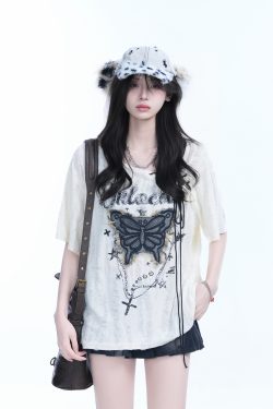 Ripped Butterfly Short Sleeve T-Shirt for Women - Off-Shoulder Spicy Girl Trendy Y2K American High Street Style