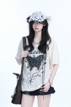 Ripped Butterfly Short Sleeve T-Shirt for Women - Off-Shoulder Spicy Girl Trendy Y2K American High Street Style