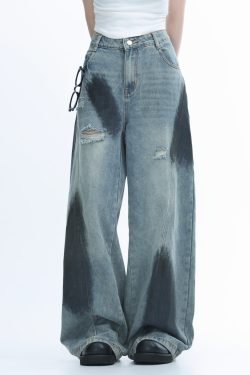Ripped Graffiti Wide-Leg Jeans for Women - American High Street Straight Loose Floor-Length Pants