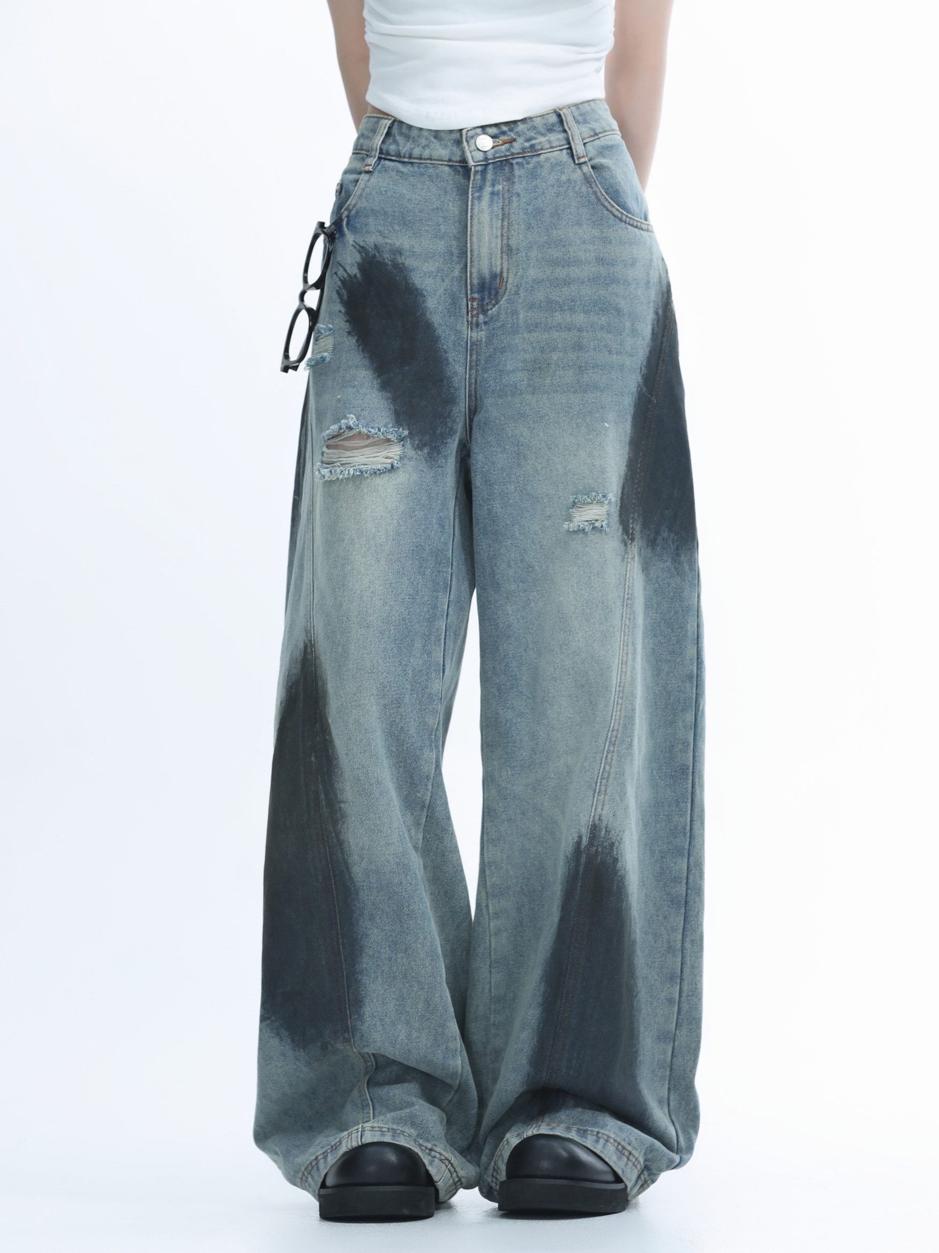 Ripped Graffiti Wide-Leg Jeans for Women - American High Street Straight Loose Floor-Length Pants Ripped Graffiti Wide-Leg Jeans for Women - American High Street Straight Loose Floor-Length Pants