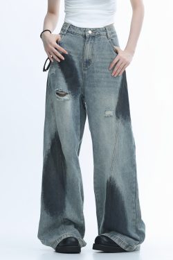 Ripped Graffiti Wide-Leg Jeans for Women - American High Street Straight Loose Floor-Length Pants