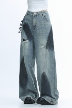 Ripped Graffiti Wide-Leg Jeans for Women - American High Street Straight Loose Floor-Length Pants