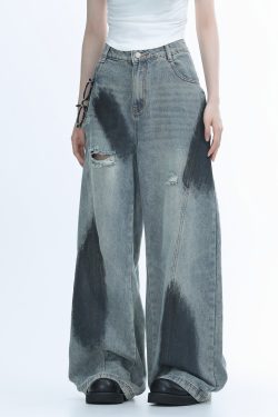 Ripped Graffiti Wide-Leg Jeans for Women - American High Street Straight Loose Floor-Length Pants