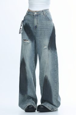 Ripped Graffiti Wide-Leg Jeans for Women - American High Street Straight Loose Floor-Length Pants