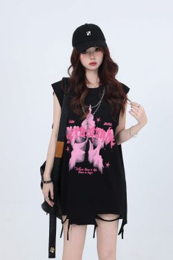 Ripped Star Necklace Sleeveless T-Shirt for Women - American High Street Hip-Hop Style, Loose Fit, Trendy Casual Top