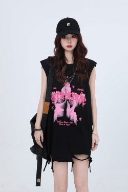 Ripped Star Necklace Sleeveless T-Shirt for Women - American High Street Hip-Hop Style, Loose Fit, Trendy Casual Top