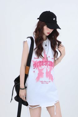 Ripped Star Necklace Sleeveless T-Shirt for Women - American High Street Hip-Hop Style, Loose Fit, Trendy Casual Top