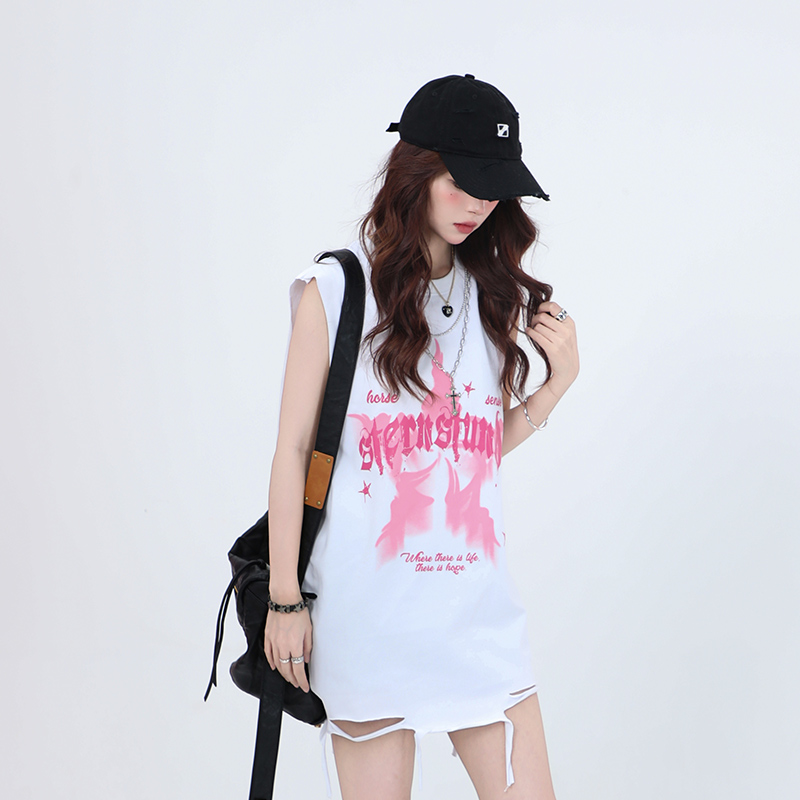 Ripped Star Necklace Sleeveless T-Shirt for Women - American High Street Hip-Hop Style, Loose Fit, Trendy Casual Top Ripped Star Necklace Sleeveless T-Shirt for Women - American High Street Hip-Hop Style, Loose Fit, Trendy Casual Top