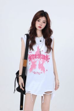 Ripped Star Necklace Sleeveless T-Shirt for Women - American High Street Hip-Hop Style, Loose Fit, Trendy Casual Top