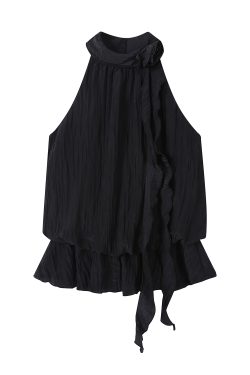 Romantic Floral Layered Halter Top with Ribbon Waist-Cinching - Sweet 3D Design Summer Blouse for Women