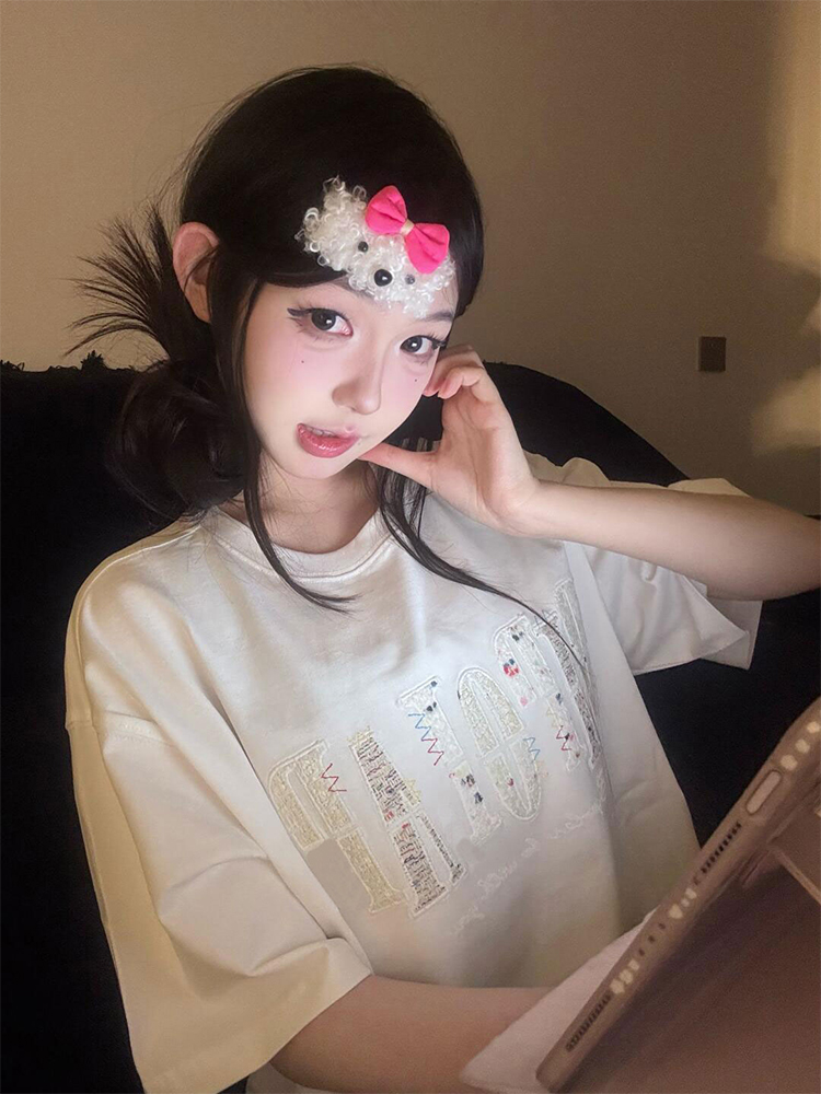 Round Neck Short Sleeve T-Shirt for Women - Heavyweight Casual Top with Letter Embroidery - Summer Loose Fit American Style Round Neck Short Sleeve T-Shirt for Women - Heavyweight Casual Top with Letter Embroidery - Summer Loose Fit American Style