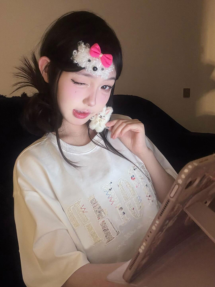 Round Neck Short Sleeve T-Shirt for Women - Heavyweight Casual Top with Letter Embroidery - Summer Loose Fit American Style Round Neck Short Sleeve T-Shirt for Women - Heavyweight Casual Top with Letter Embroidery - Summer Loose Fit American Style