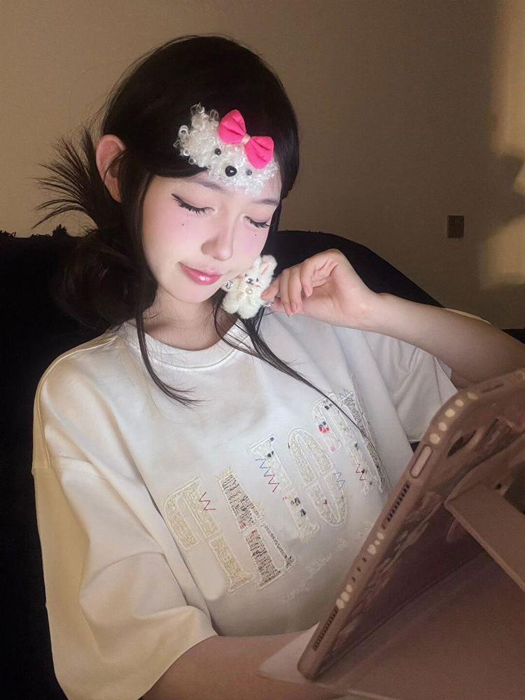 Round Neck Short Sleeve T-Shirt for Women - Heavyweight Casual Top with Letter Embroidery - Summer Loose Fit American Style Round Neck Short Sleeve T-Shirt for Women - Heavyweight Casual Top with Letter Embroidery - Summer Loose Fit American Style