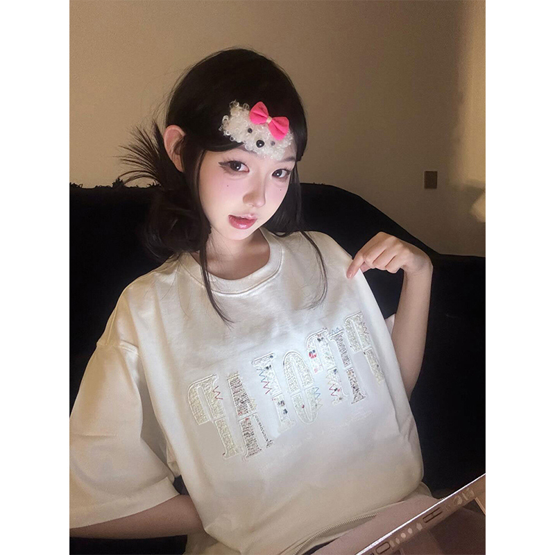 Round Neck Short Sleeve T-Shirt for Women - Heavyweight Casual Top with Letter Embroidery - Summer Loose Fit American Style Round Neck Short Sleeve T-Shirt for Women - Heavyweight Casual Top with Letter Embroidery - Summer Loose Fit American Style