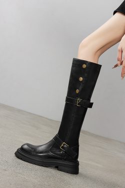 Round Toe Buckle Knee-High Boots for Women - Floral Design, Thick Sole, Autumn Winter Commuting Style 2025