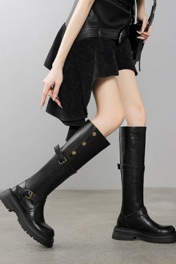 Round Toe Buckle Knee-High Boots for Women - Floral Design, Thick Sole, Autumn Winter Commuting Style 2025