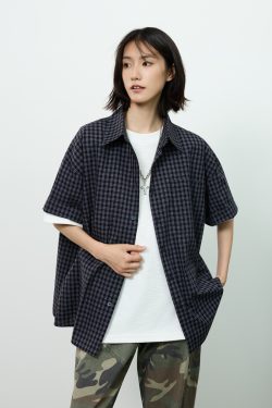 Royal Blue Check Short-Sleeve Shirt for Summer - Unisex Loose Casual Jacket in Lazy Style, Perfect for 90s and Y2K Inspired Outfits