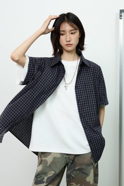 Royal Blue Check Short-Sleeve Shirt for Summer - Unisex Loose Casual Jacket in Lazy Style, Perfect for 90s and Y2K Inspired Outfits