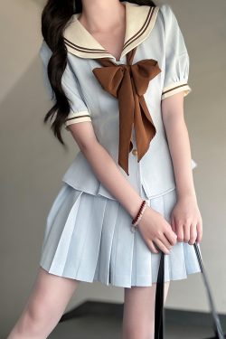 Ruffled Women's Summer JK Uniform Sailor Suit in Purple - College Style Waist-Defined Short Sleeve Set