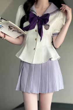 Ruffled Women's Summer JK Uniform Sailor Suit in Purple - College Style Waist-Defined Short Sleeve Set