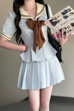 Ruffled Women's Summer JK Uniform Sailor Suit in Purple - College Style Waist-Defined Short Sleeve Set