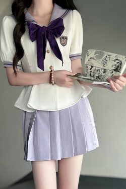 Ruffled Women's Summer JK Uniform Sailor Suit in Purple - College Style Waist-Defined Short Sleeve Set