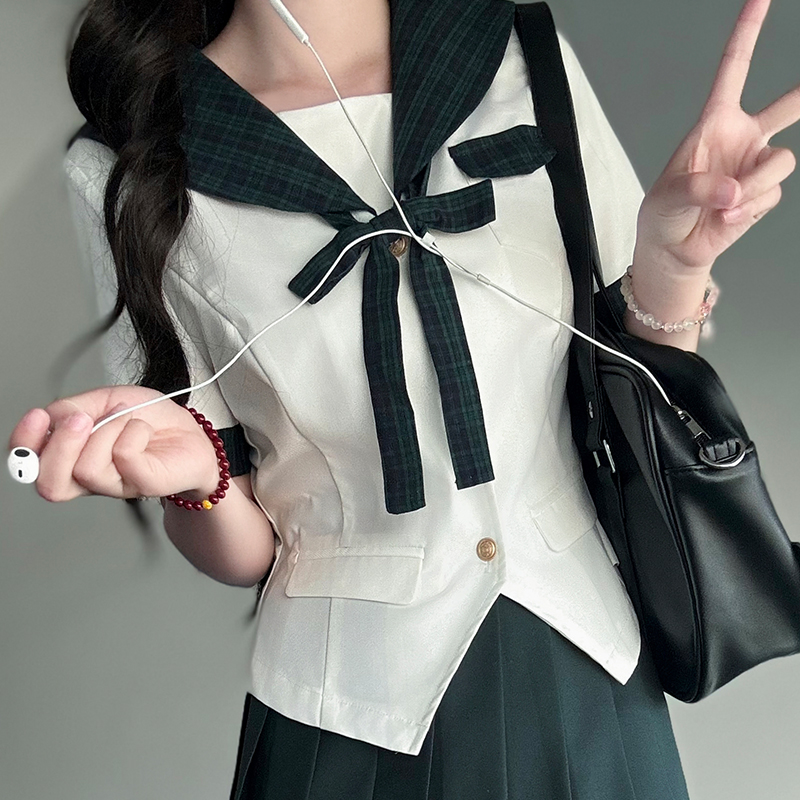 Sailor Suit JK Uniform Academy Style Pudding Bear Summer Set with Spliced Checkered Design and Waist-Defined Fit Sailor Suit JK Uniform Academy Style Pudding Bear Summer Set with Spliced Checkered Design and Waist-Defined Fit