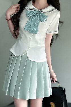 Sailor Suit Set for Women - Pudding Bear Original JK Uniform, Waist-Adjusting Shirt, Summer Short Sleeve, College Style, Cute Aesthetic