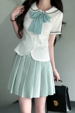 Sailor Suit Set for Women - Pudding Bear Original JK Uniform, Waist-Adjusting Shirt, Summer Short Sleeve, College Style, Cute Aesthetic