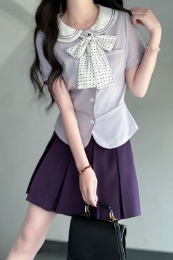 Sailor Suit Set for Women - Pudding Bear Original JK Uniform, Waist-Adjusting Shirt, Summer Short Sleeve, College Style, Cute Aesthetic