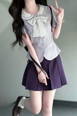 Sailor Suit Set for Women - Pudding Bear Original JK Uniform, Waist-Adjusting Shirt, Summer Short Sleeve, College Style, Cute Aesthetic