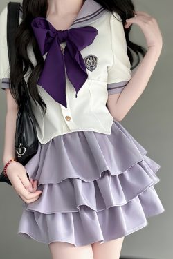 Sailor Suit Set with Pudding Bear Design, Summer JK Uniform Cake Skirt, Short Sleeve, College Style, Waist-Defining Slim Fit