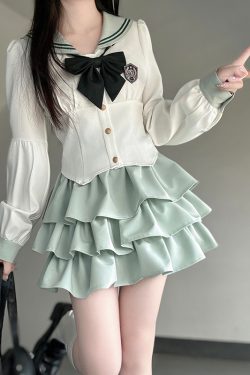 Sailor Suit Set with Pudding Bear Design, Summer JK Uniform Cake Skirt, Short Sleeve, College Style, Waist-Defining Slim Fit