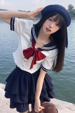 Sailor Suit Set with Pudding Bear Design, Summer JK Uniform Cake Skirt, Short Sleeve, College Style, Waist-Defining Slim Fit