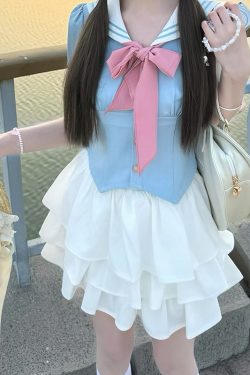 Sailor Suit Set with Pudding Bear Design, Summer JK Uniform Cake Skirt, Short Sleeve, College Style, Waist-Defining Slim Fit