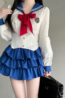 Sailor Suit Set with Pudding Bear Design, Summer JK Uniform Cake Skirt, Short Sleeve, College Style, Waist-Defining Slim Fit