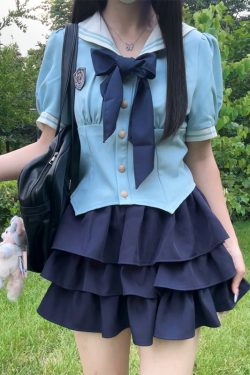 Sailor Suit Set with Pudding Bear Design, Summer JK Uniform Cake Skirt, Short Sleeve, College Style, Waist-Defining Slim Fit